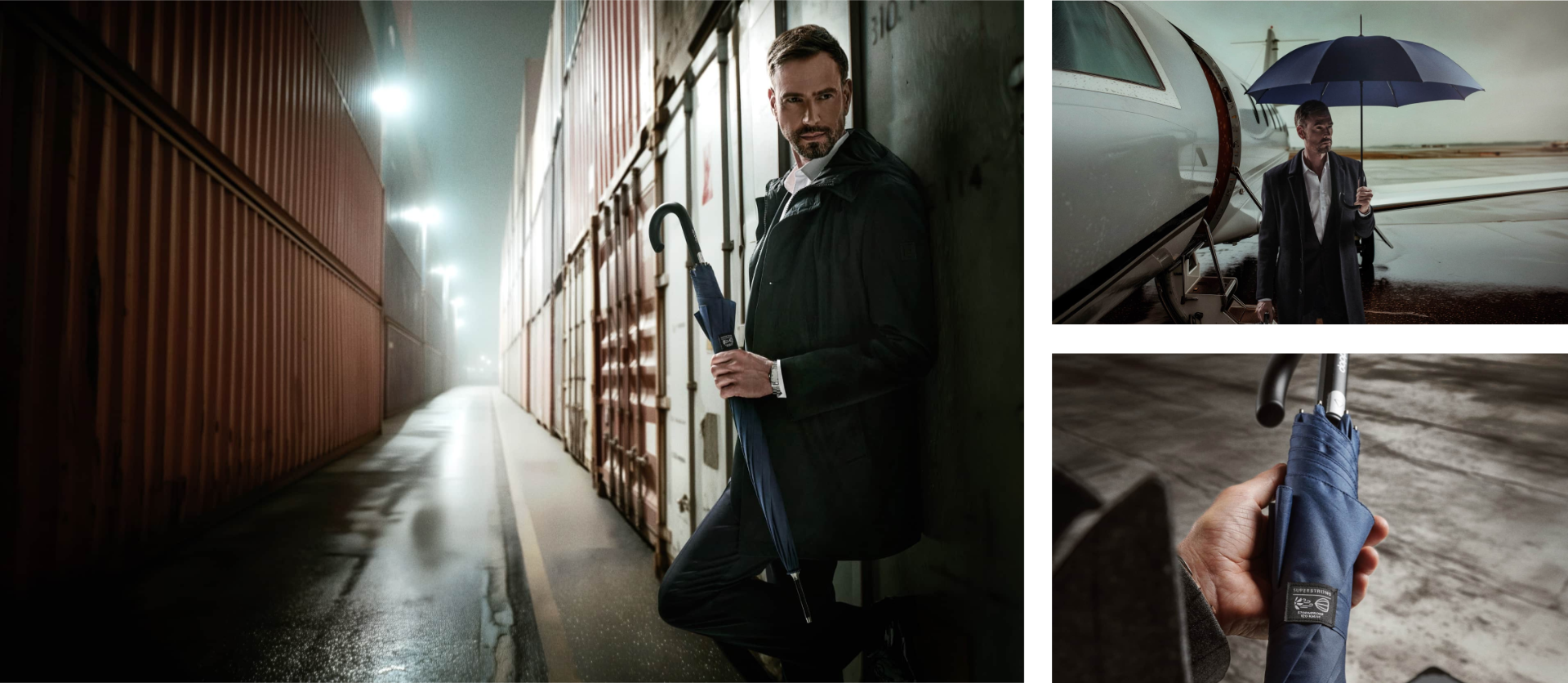 Mann mit dunkelblauem Stockschirm