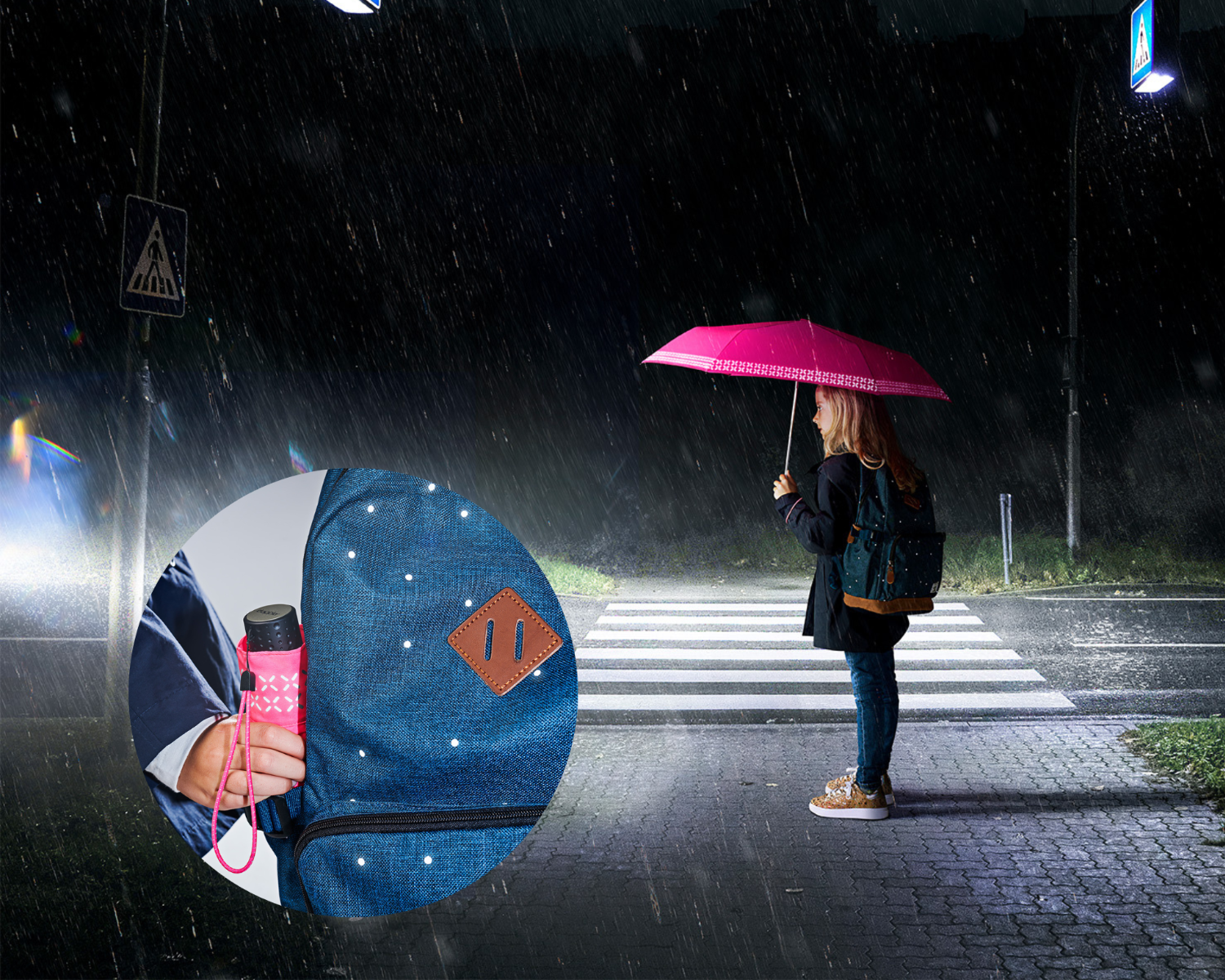 Kind mit reflektierendem Regenschirm Kind mit reflektierendem Regenschirm